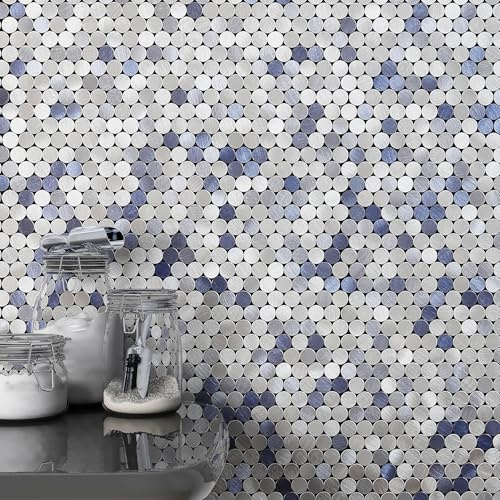 M MOFIT Petits carreaux ronds Penny autocollants pour dosseret de cuisine, autocollants de carreaux en mosaïque métallique pour mur de cuisine, derrière la cuisinière, cheminée (10 feuilles, bleu)