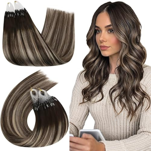 Ugeat Microring Extensions Ombre Braun Echthaar Microring 60 cm Extensions Echthaar Glatt Schokobraun Balayage Aschbraun Micro Loop Extensions Echthaar Add Length 50g 50 Strähnchen #4/18/4