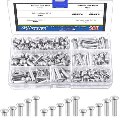Glarks Lot de 200 rivets en aluminium M6 x 6/10/14/20/25 mm à tête de brasero solides de longueur 6 mm, 10 mm, 14 mm, 20 mm, 25 mm, rivets en aluminium haute résistance à la corrosion pour jointure et