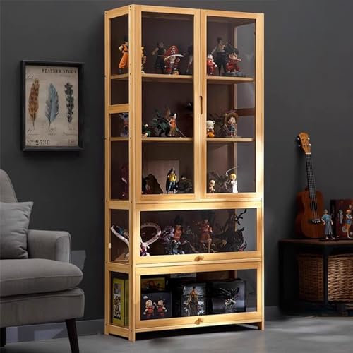 KUYATE Glasvitrine, antiker Vitrine mit Glastür, antiker Schrank, Vitrine, natürlicher Bambusrahmen, Einzel-/Doppeltür-Design, praktische Aufbewahrung, 65 x 32 x 170 cm, Holzfarbe