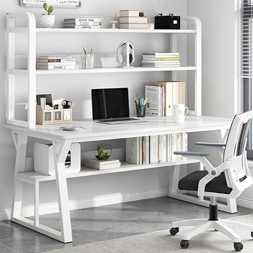 NATWEE Computertisch mit Ablageflächen und Bücherregal, einfacher moderner Schreibtisch mit stabilem Metallrahmen, Schreibarbeitsplatz für Zuhause und Büro (39, weiß) It's so Kind of You