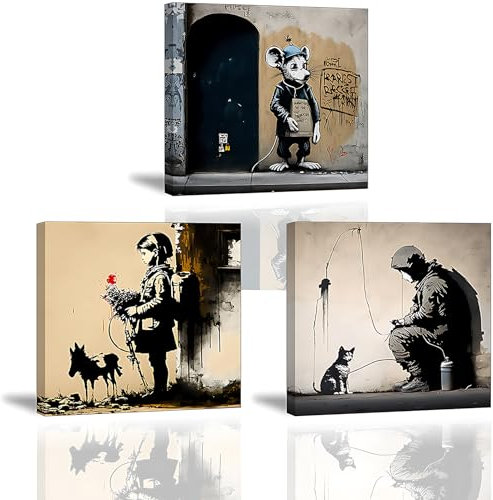 Piy Painting 3x Wandbild Straßengraffiti Leinwandbild 30x30cm, Moderne Bilder Wohnzimmer Schwarz und Weiß Kunstdrücke auf Leinwand Gerahmt Bild für Schlafzimmer Büro Yoga-Raum, Leicht aufzuhängen