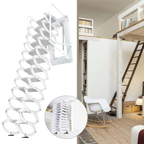 Folding Attic Ladder, Attic Ladder Pull Down System, Wall-Mounted Folding Stairs, Folding Retractable Attic Loft Ladder with Pull Rod, for Loft and Cottage Top,White