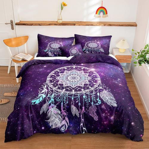 SJSXWQN Housse de Couette 200x200 cm Adulte Attrape-RêVes Violet Parure de Lit 2 Personnes avec Fermeture Éclair Doux Respirant Microfibre Housse de Couette et 2 Taie d'oreiller 65x65 cm