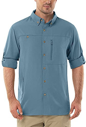 Outdoor Ventures Men's Long Sleeve Safari Shirt UV Protection Hiking Shirts Quick Drying Roll-Up Button Down Shirts with 3 Pockets for Walking Fishing Ocean Blue M