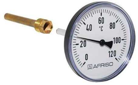 Bimetall Thermometer Kunststoff mit Tauchhülse 0-120°C Gehäuse-Ø 63, 80 oder 100 mm Anschluss axial hinten Heizung Sanitär (Durchmesser 100 mm/Schaftlänge 100 mm)
