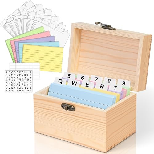 MOBYKE Index Card Holder 3x5, 100 Pcs Heavy-Duty Indexcard Business Organizer Wooden Recipe Box with Dividers Flash Card Holder with 30 White Dividers, 1 Blank Sticker and 1 Letter Sticker