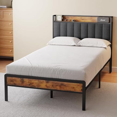 Bealife Doppelbett 120x200 cm, Holzbett mit Metallbettgestell, gepolstertes Podest, Doppelbett mit Holzlattenrost, Stützkopfteil, Bettrahmen