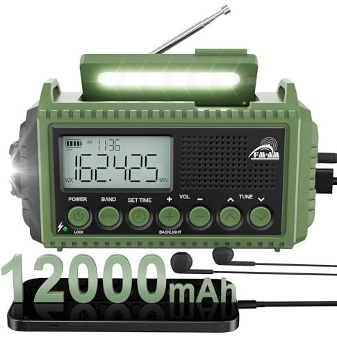 ROCAM Wind Up Radio with AM/FM/SW, 12000mAh Emergency Solar Radio with SOS Alarm, Wind Up Torch with Rechargeable Battery and Type-c Charger, Headphone Jack, IPX6 Waterproof, Portable