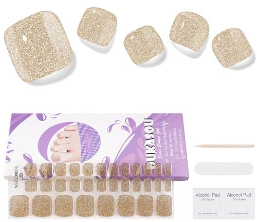 Semi Cured Gel Nail Strips- 32 Pcs Nail Wraps,Gold Toenail Stickers, Works with Any UV Lamp - Easy to Carry Holy Gels& Use and Remove，Suitable for Both Girls and Women