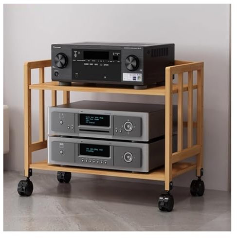 Audio Rack HiFi Regal Medien-Audio-Rack aus Bambus mit Rädern, höhenverstellbar, um 360° schwenkbar, Stereo-Standständer, AV-Regal aus Holz for Wohnzimmer, Büro, Kino, kleine Räume(W-50CM,2 Tires A)