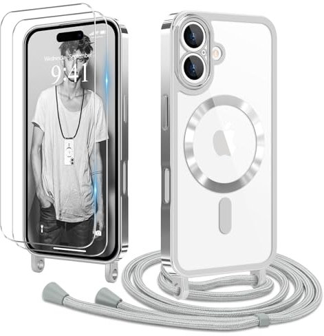 Ethanger Handyband für iPhone 16 Hülle mit Band + 2 Stück Glas Schutzfolie Transparent Silikon Handyhülle Magnetische Schutzhülle Case zum Umhängen Kordel für iPhone 16 Silber