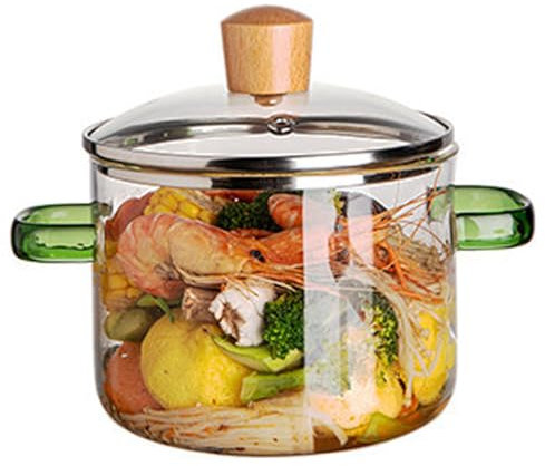 Olla de vidrio con tapa de 1,6 l, olla transparente con doble asa, apta para microondas, resistente al calor, universal, para cocinar sopa, leche, gachas, mango verde, ollas de vidrio para cocinar, ol