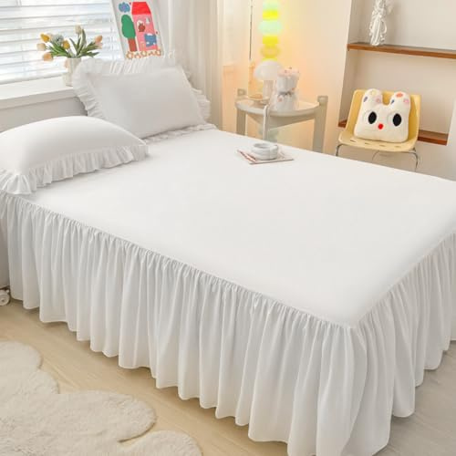 Highdi Betthusse 150x200 Bettrock, Elastische Bettwäsche mit Rüschen, Weiß Baumwolle Bed Skirt Umwickeln mit Elastischem Gürtel - 40 cm Rock – Schrumpffest und Farbecht