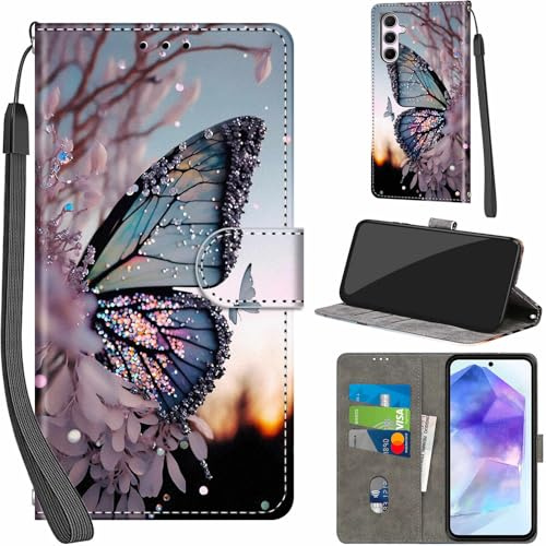 Handyhülle für Samsung Galaxy A55 5G Klapphülle Leder Wallet Schmetterling | 3 Kartenfächer & 1 Geldfach, Magnetverschluss, Ständerfunktion, robuste premium PU leder klapphülle für Samsung A55 5G