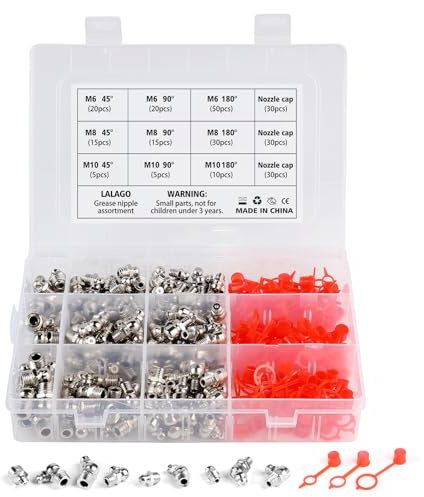 LALAGO 260 Piezas Surtido de Engrasadores, M6 M8 M10 Racores de Boquilla de Engrase Métricas Recto y ángulo de 45° 90° 180°, Engrasadores de Grasa, Engrasador Hidráulico Cónico para Prensas de Engrase