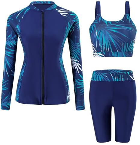 Ausing - Bañador de 3 piezas para mujer, protección solar, conjunto Rashguard de manga larga + pantalones cortos y tankini surf playa