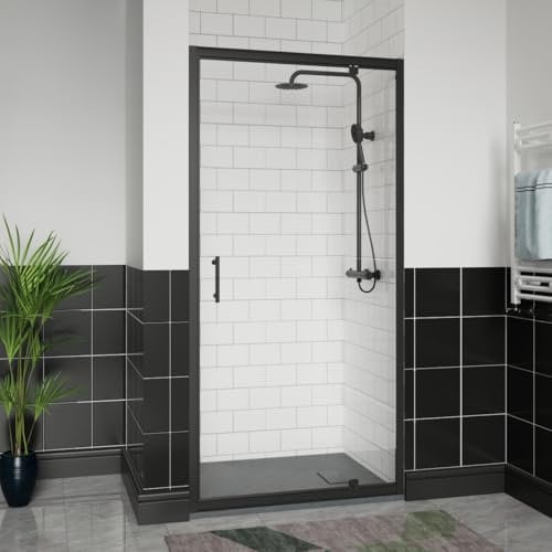 Aquariss 900x700mm Black Pivot Alloy Hinge Shower Door Enclosure with 900mm Clear Self Clean 6mm Shower Door Screen + Anthracite SMC Anti Slip Shower Tray and 90mm Waste
