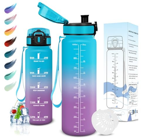 Motswedi Botella Agua, 1000ml sin BPA, Botella de Agua, Reutilizable, Cantimplora, con Marcador de Tiempo, Botella Agua Gimnasio, Botella para Niños, Deporte, Running, Gimnasio, Bicicleta, Azul Morado