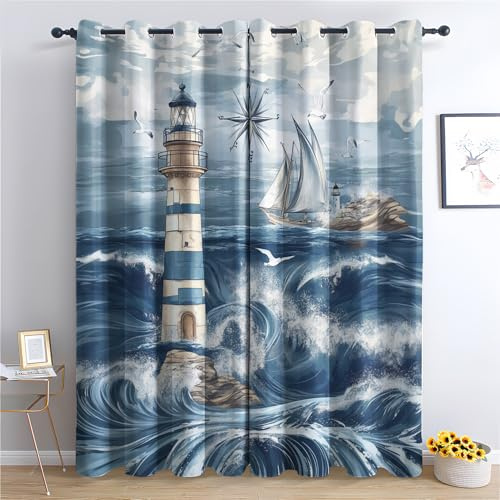 Luxfieo Nautisch Vorhänge Leuchtturm Segelboot Meer Vorhang Blickdicht Gardinen Verdunklungsvorhänge mit Ösen Thermovorhang für Wohnzimmer Schlafzimmer Fenster Deko 2er Set H 137 x B 117 cm W#51