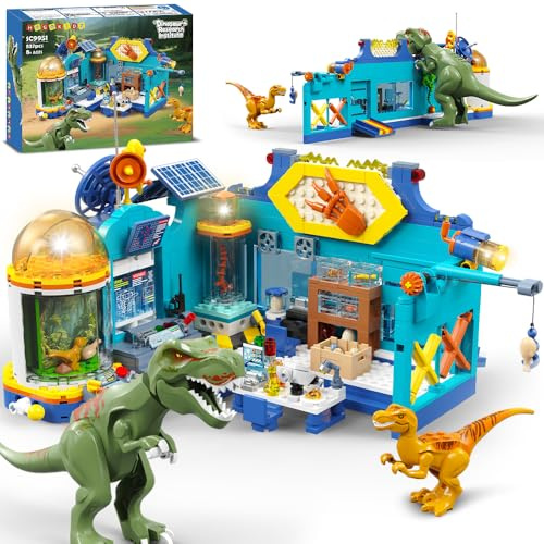 HOGOKIDS 2-in-1 Dinosaurier-Forschungsinstitut Bauspielzeug mit Licht – 837 PCS Dino World Bausteine ​​Spielzeug mit 2 Dinosaurierfiguren, Geburtstags für Jungen und Mädchen ab 8–14 Jahren
