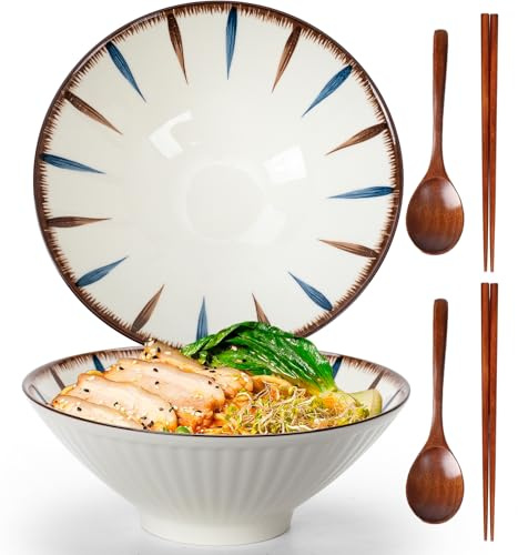 TuYines 2pcs Ceramic Ramen Bowls, 1000 ml Ramen Bowl Set of 2, Japanese Ceramic Bowl, Ramen Bowls with Spoon & Chopsticks, SaladBowl (Grass)