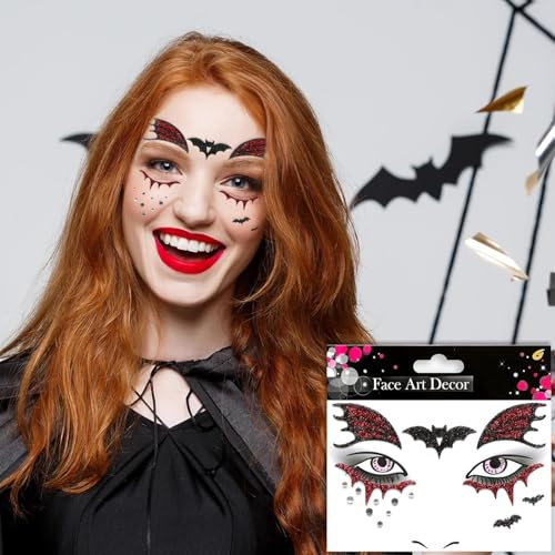 Temporäre Tattoos Halloween, Gesichtstattoo Schläger, Face Art Sticker, Glitzer Gesicht Aufkleber Halloween, Ablösbare Glitzer Gesicht Aufkleber für Make-up Karneval Halloweens (C)
