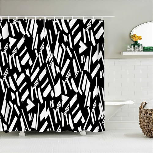 PEKMAR Rideau de Douche imperméable en Polyester avec Crochets, Motif géométrique Noir et Blanc, 16, Largeur 180 x Hauteur 240 cm