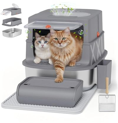XXL Katzenklo Edelstahl mit Deckel, Geruchsfreie Geschlossene Katzentoilette für Große Katzen, Abnehmbares Metall Katzen Klo mit Metall Schaufel, Auslaufsicher Sieb-Trittbrett und Anti-Streu-Matte