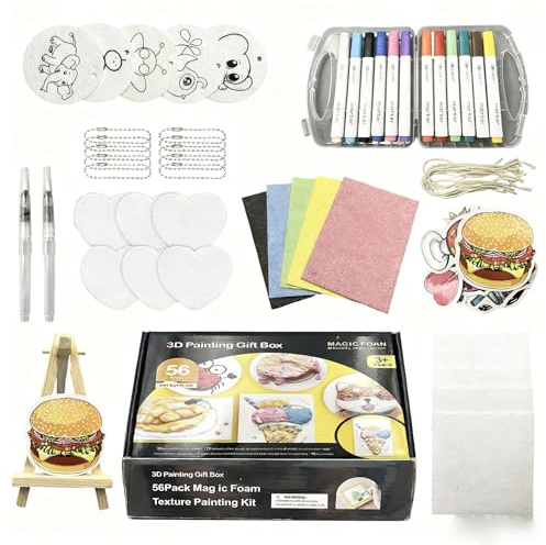 Vulevirtue Kit de Peinture Texturée en Mousse,56 Pièces Puffy Paint,Peinture Gonflante, avec 21 Feuilles de Papier Éponge pour Peinture, 12 Stylos Acryliques, Cadeau pour Garçons et Filles