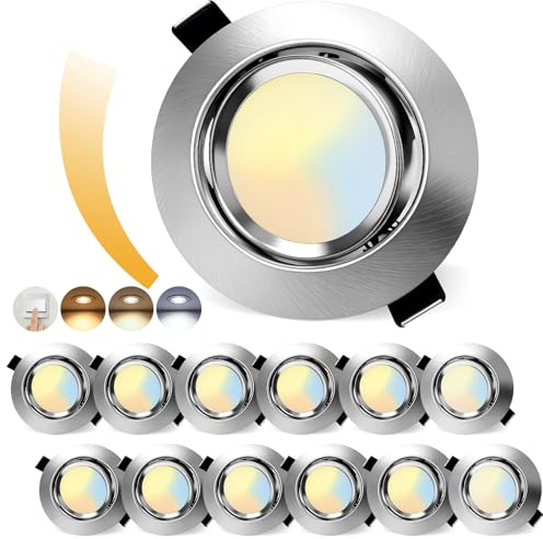 LED Einbaustrahler 230V Flach Dimmbar,LED Spot 5W IP44 Deckenspots, 45° Schwenkbar Einbauleuchten 68-85mm EinbauØ, 2700K/4000K/6000K Ultra Flach Einbauspots, 3CCT Spots für Badezimmer 12er Set