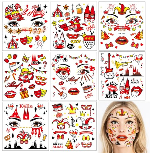 8 Stücke Karneval Gesicht Tattoo, Klebetattoos Kölle Alaaf Rot Weiss Clown Face Fake Tattoos Damen Herren, Karneval Aufkleber, Erwachsene Faschingskostüme Schminke Accessoires, Bonbon Candy Kostüm