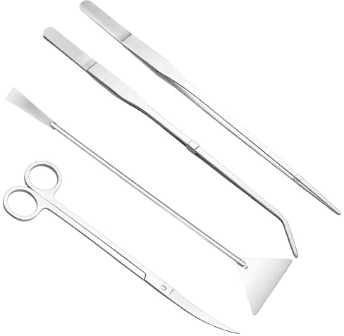 Menibeuty 4 Stück Aquarium Aquascaping Tools, Aquarium Reinigung Pinzette Lang, Schere, Spatel, Reinigungsset Kiesspatel für Fisch Tank Reinigung Pflanze Trimmen (Silber)