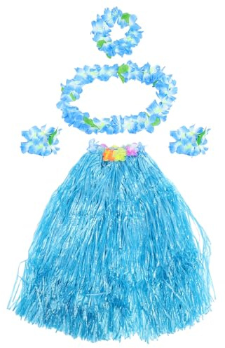 GARIOUANS Jupe Hawaïenne Hula Double Épaisseur 5 Pièces Bleu, Jupe en Paille pour Fête Tropicale, Accessoires de Costume Hawaïen, Guirlande Fleurie pour Soirée Plage et Carnaval