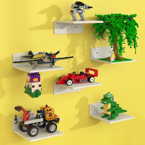 Noideeer 6er-Set Regal Wandregal Bausteine, ABS Schweberegal & Wandboards | 12,7x14cm mit beidseitig 16x17 Noppen, Vitrine & Display für Baustein Minifiguren, Weiß