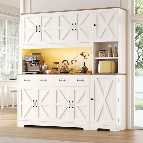 Blanc 180cm buffet LED lampes chargeur 4 tiroirs 6 compartiments étagères réglables style champêtre