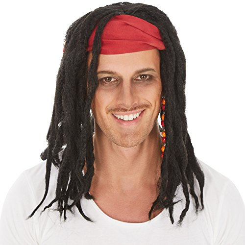 dressforfun Perücke Lange Schwarze Rasta-Zöpfe| Strähnen mit Perlen- Verzierungen | Haarband | Pirat Piratenbraut Reggae