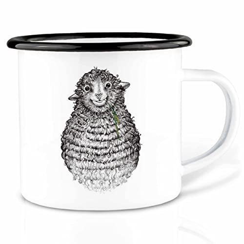 Ligarti Emaille Tasse (leicht & robust) | Camping Becher handveredelt in Deutschland | Trinkbecher für Kinder, Kaffeetasse, Emaillebecher | Essende Tiere (Wollfried, 300ml)