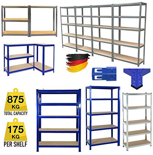 Metall Lagerregal Schwerlastregal | 200x100x50cm | 875kg Tragkraft | 5 MDF-Platten | Regal Kellerregal Steckregal Regalsystem Werkstattregal Garagenregal - Blau