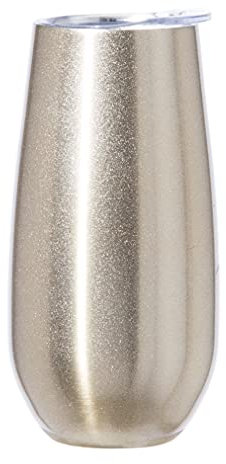 Oggi Thermo Flute 'Celebrate Collection' Stainless Steel Insulated Champagne Flute Tumbler - Gold Sparkle, 6oz, with Clear sip lid.
