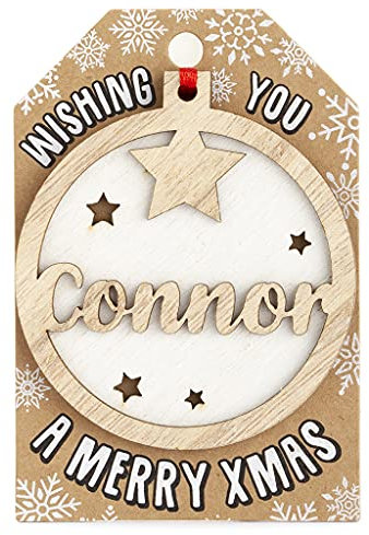 Personalisierbare Weihnachtsbaumkugel aus Holz, Connor Name, Weiß