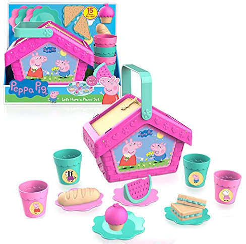 Peppa Pig Just Play Let's Have a Picknick-Set, Reisespielzeug mit Griff inklusive 4 Einstellungen und Spielnahrung, 15-teilig