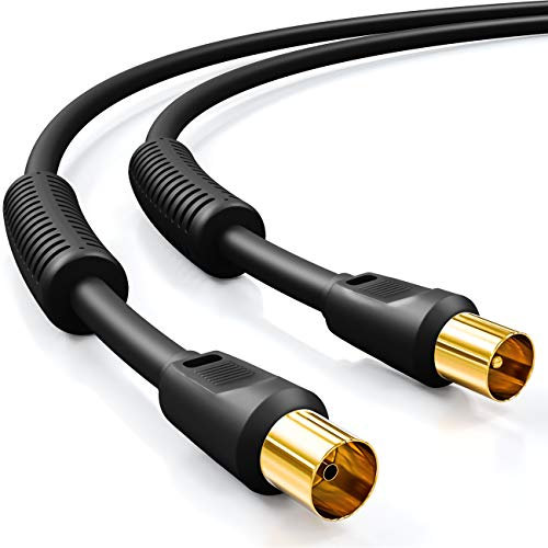 deleyCON 5m TV Antennenkabel Koaxial Kabel HDTV 4-fach Schirmung 2x Ferritkern Mantelstromfilter DVB-T DVB-T2 Radio DAB - Schwarz
