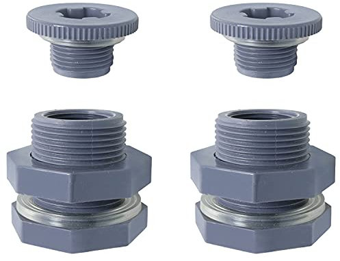 WHYHKJ 2 Sets PVC Kunststoff Schottverschraubung mit Stopfen korrosionsbeständig für Regentonnen, Aquarien, Wassertanks, Wannen, Pools (3/4 Zoll mit 4 mm dicker Silikondichtung), grau