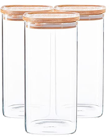 Argon Tableware Square Glass Storage Jars with Airtight Wooden Lids - 1500ml - 3 Pack - Modern Kitchen Container Preserving Jars for Pickling, Chutney, Jam, Coffee, Olives, Sugar, Spices