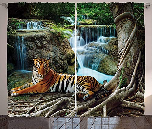 LKCD Verdunkelungsvorhänge, Indischer Tiger Wasserfall Natur Grün 264X240Cm 2 Vorhänge Mit Ösen Für Schlafzimmer, Verdunkelungsvorhänge