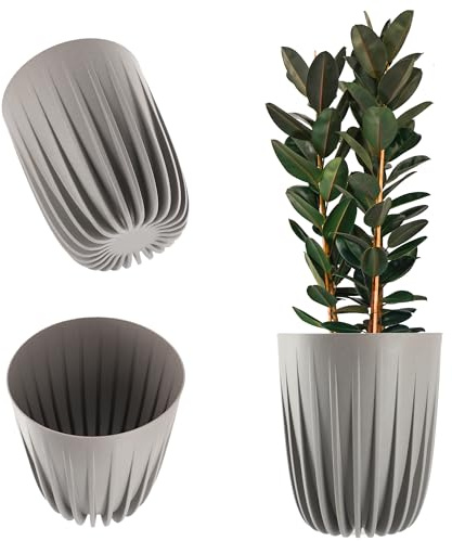 KADAX Blumentopf aus Kunststoff mit Naturmaterialien, Moderne Pflanztöpfe, Pflanzentopf mit geometrischem Muster, runder Blumenkübel mit Einsatz, Naturblumentopf, Hochübertopf (∅ 25 cm, Grau)