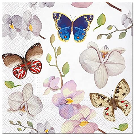 20 Servietten Schmetterlinge an Orchideen | Tiere | Tiermotiv | Frühling | Sommer | Ostern | Tischdeko 33x33cm