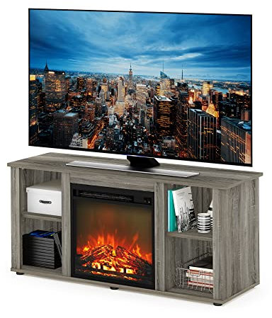 Furinno Jensen Fireplace Entertainment Center TV Stand with Open Storage for TV up to 55 Inch, French Oak Grey