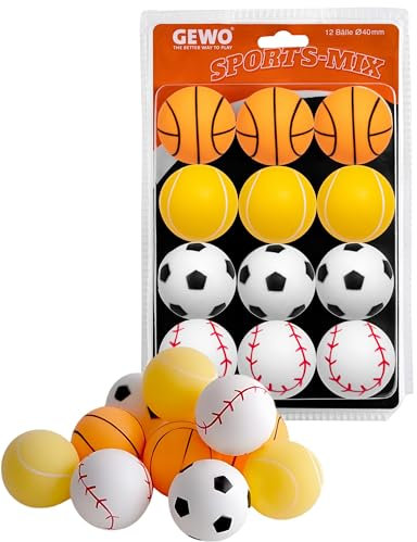 GEWO Sports-Mix Tischtennisbälle - Plastik Tischtennis Bälle 40+ im Sport Design - 12 Bunte, hochwertige Ping Pong Bälle - Verschiedene Designs, 40+ mm Durchmesser